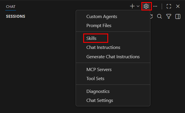 Screenshot showing the configure skills option in the Chat view.