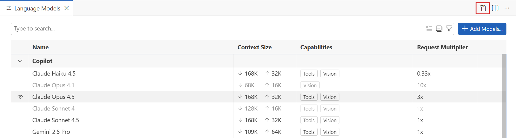 Screenshot showing the file icon in the Language Models editor to open the configuration file.