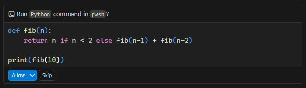 Screenshot showing inline Python calls presenting just the Python code to make it easier to review.