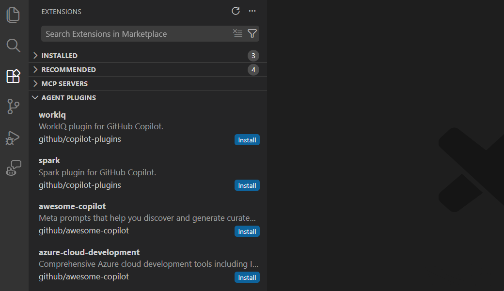 Screenshot showing the Agent Plugins view in VS Code.