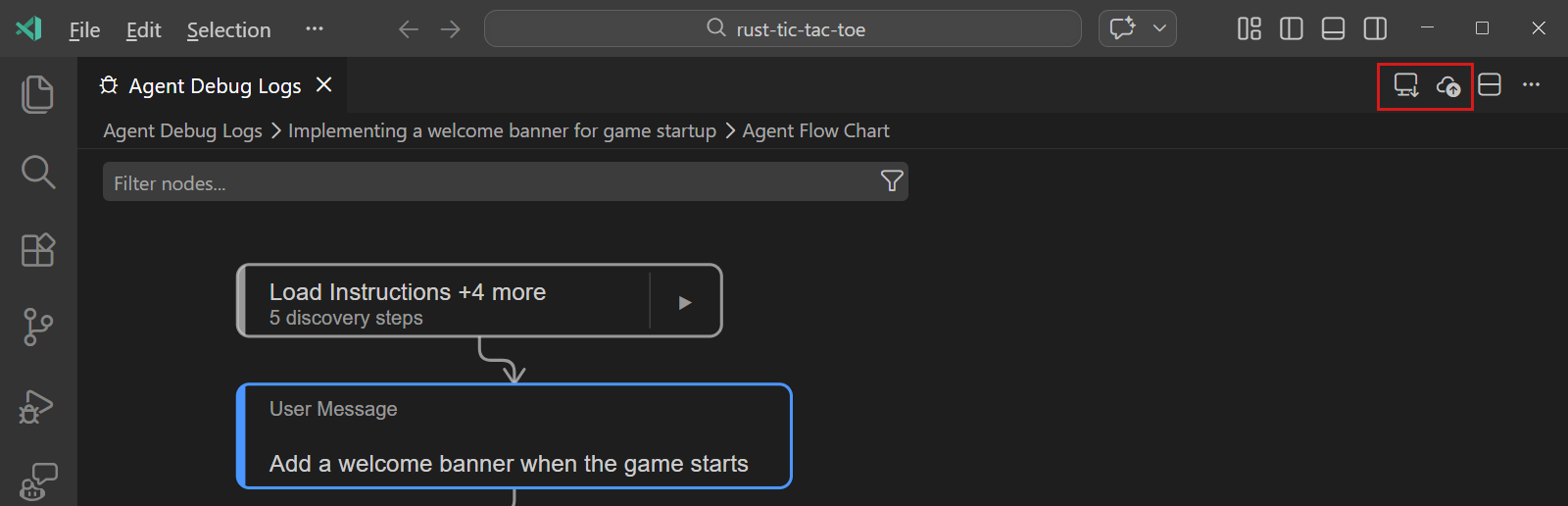 Screenshot showing the export and import options for agent debug logs in the Agent Debug Logs panel.