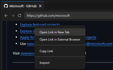Screenshot showing an open context menu in the integrated browser.
