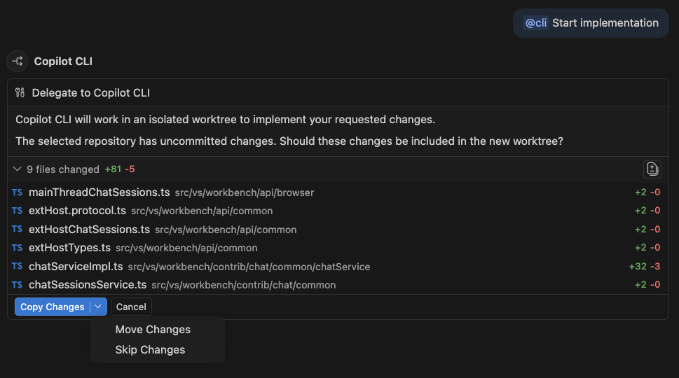 Screenshot showing pending changes in the Chat view when asking to delegate a task to Copilot CLI.