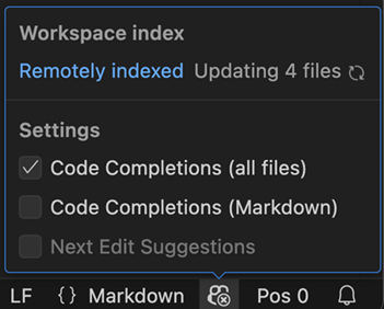 Screenshot that shows the workspace index status in the Copilot Status Bar menu.
