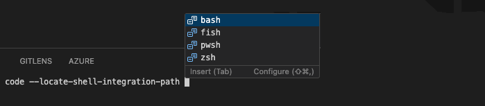 Screenshot of the VSCode terminal showing a command input: code --locate-shell-integration-path with a dropdown menu listing shell options bash, fish, pwsh, and zsh.